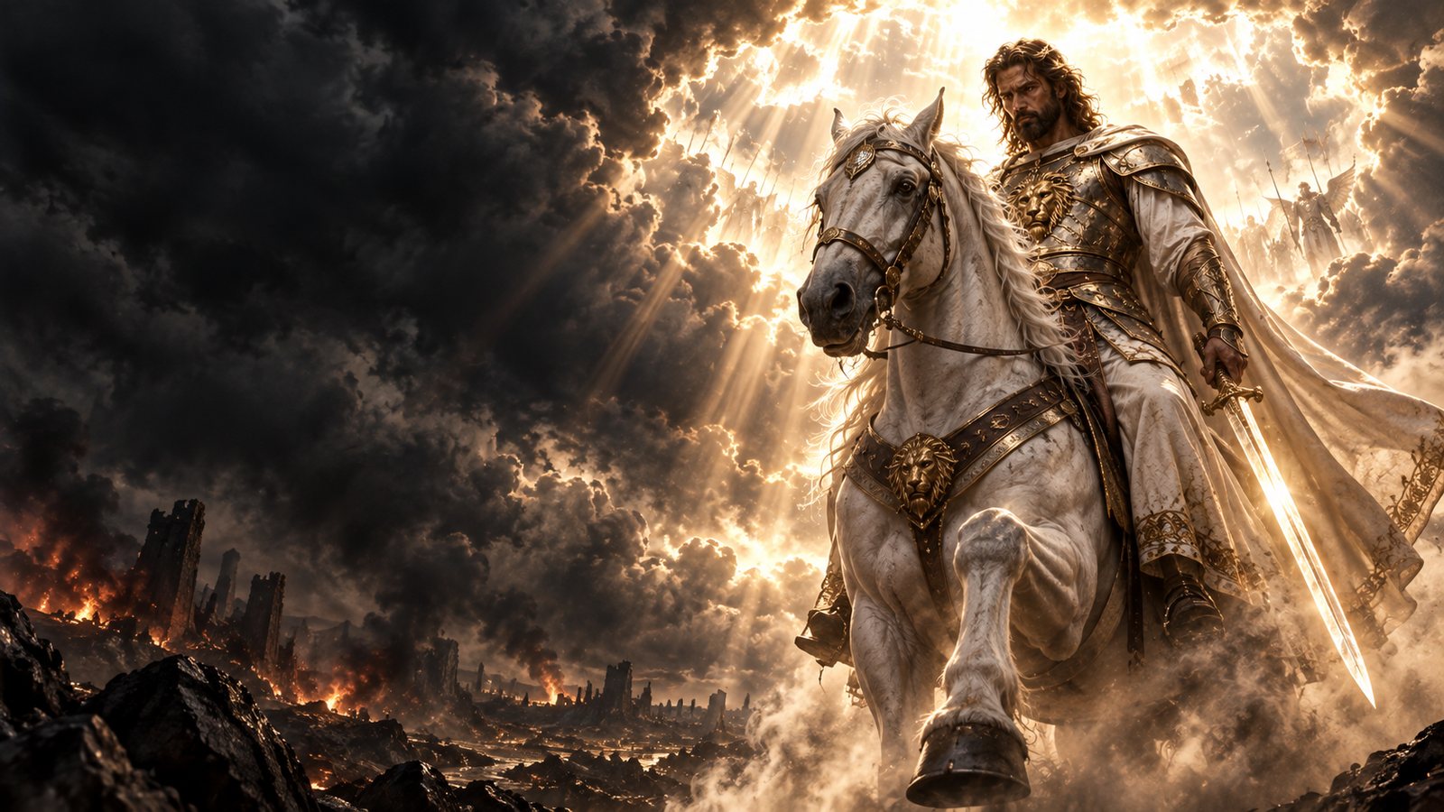 Christ the King on a white horse, sword drawn, riding out of the light over a burning battlefield.