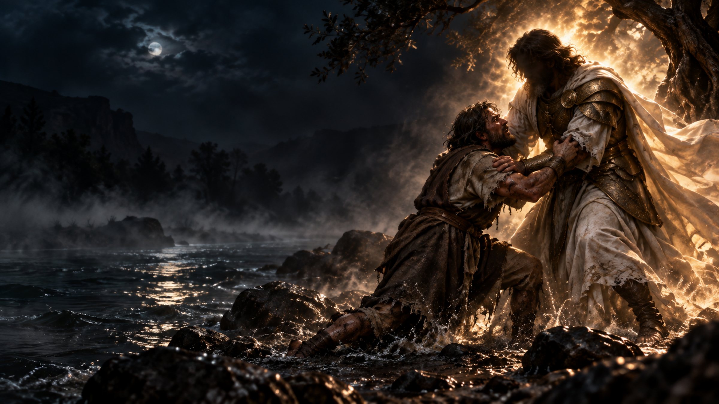 Jacob wrestling with the angel at the ford of the Jabbok, at night, under a full moon.